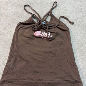 Y2K Roxy Brown Strappy Halter Top with Pink Logo Graphic 1722